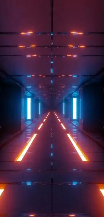 Futuristic neon tunnel with blue and orange lights.