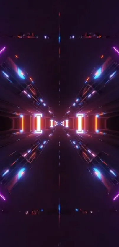 Futuristic neon tunnel with vibrant purple and orange lights.