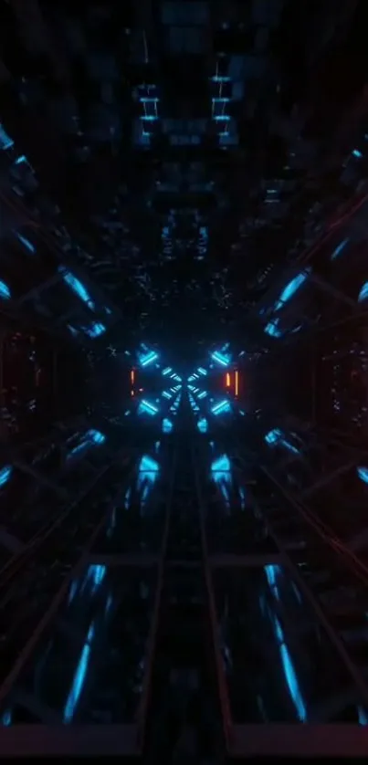 Futuristic tunnel with neon blue lights and geometric design.