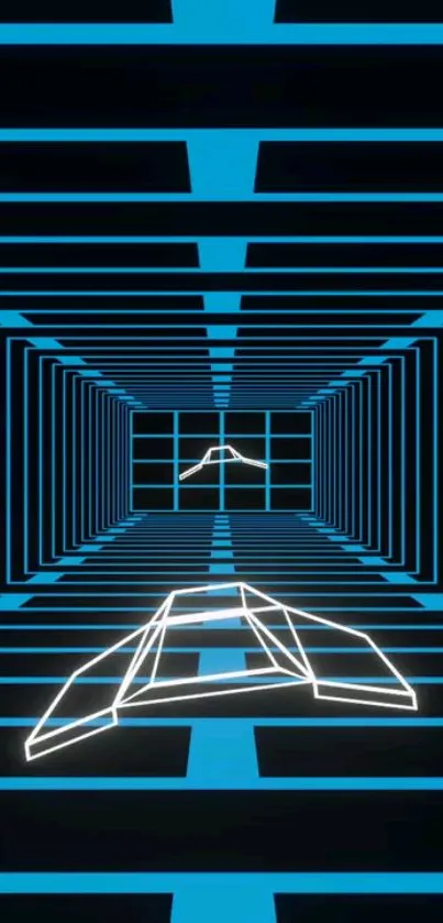 Futuristic neon tunnel wallpaper with geometric design in vibrant blue hues.