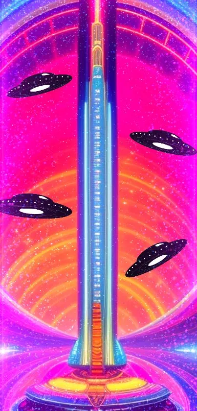 Futuristic neon wallpaper with UFOs and cosmic cityscape.