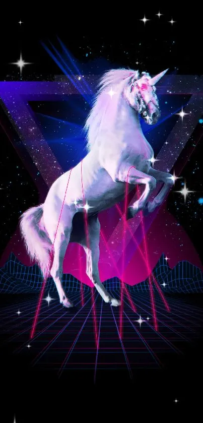 Futuristic neon unicorn on a cosmic backdrop.