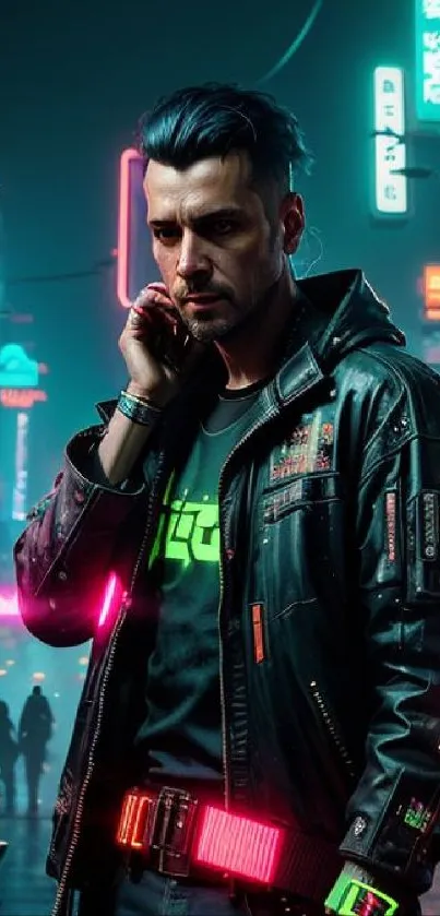 Cyberpunk character with neon lights in urban setting.