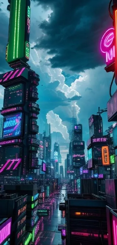 Futuristic cityscape with neon lights and skyscrapers.