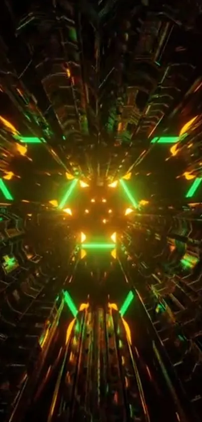 Futuristic neon vortex with green and orange lighting effects.