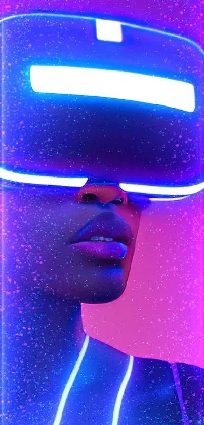 Person in vibrant neon VR headset, futuristic design.