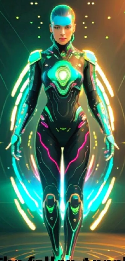 Futuristic neon warrior in cyberpunk style mobile wallpaper.