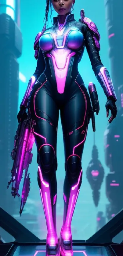 Futuristic neon warrior in vibrant cityscape.