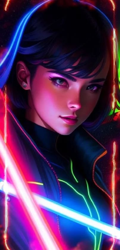 Futuristic neon warrior with glowing swords in vibrant colors.