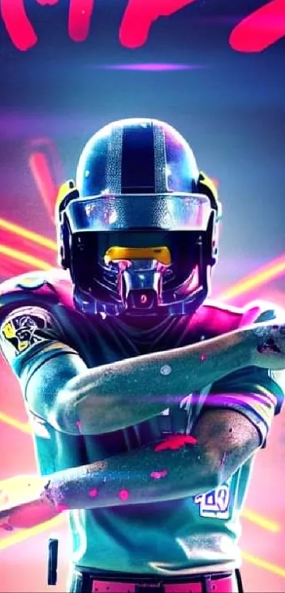 Neon artwork of a futuristic warrior with a helmet and vibrant colors.