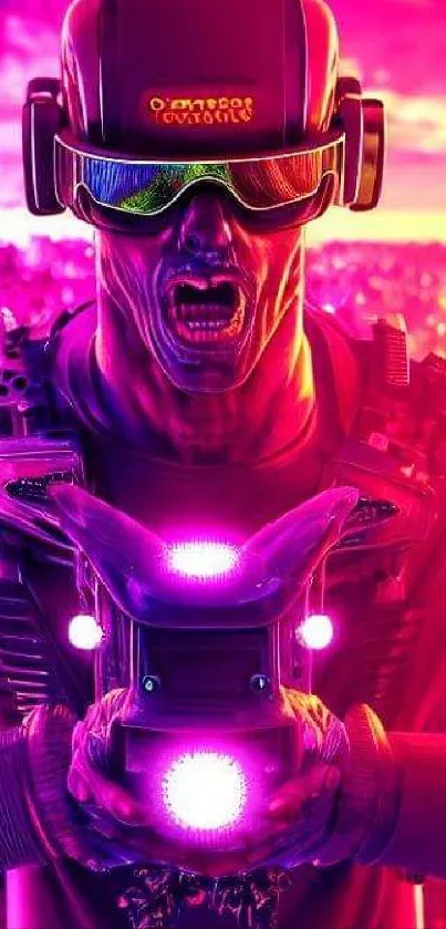 Futuristic neon warrior design in vibrant magenta hues, perfect for mobile wallpaper.