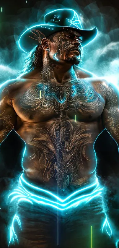 Futuristic warrior with neon blue glow in striking digital art design.