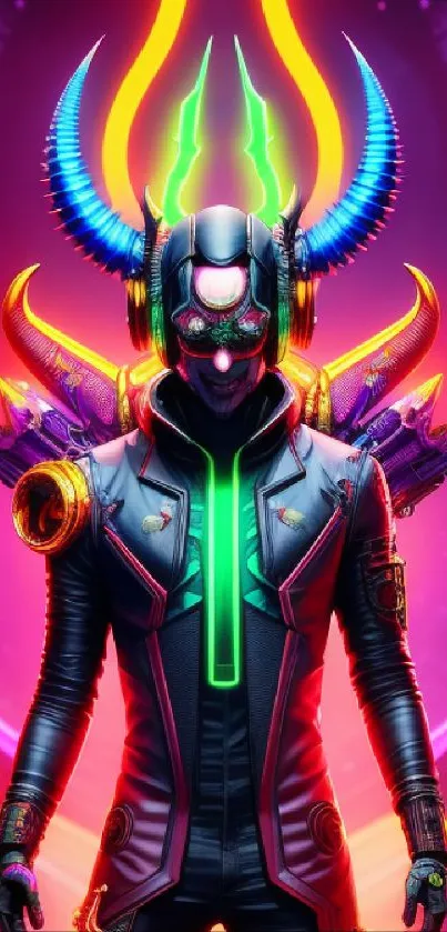 Futuristic neon warrior with glowing horns and vibrant colors.