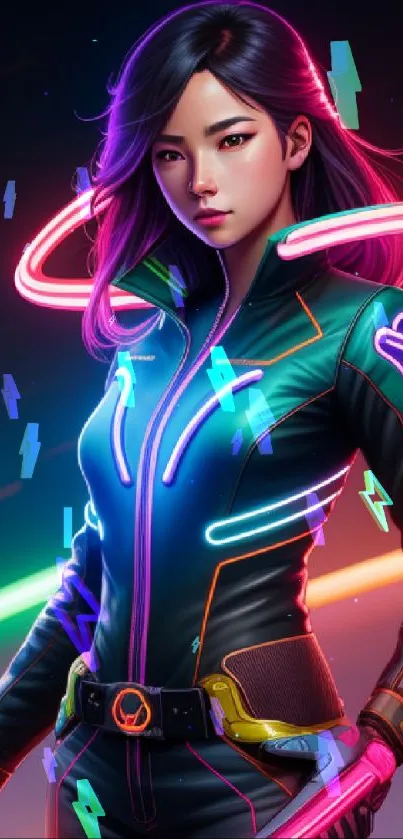 Futuristic neon warrior with vibrant colors and cyber aesthetic design.