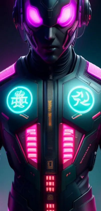 Futuristic warrior in neon armor with glowing details, cyberpunk style.