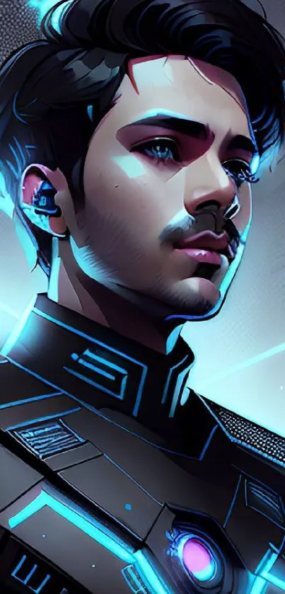 Futuristic warrior in neon cyberpunk style with glowing blue accents.