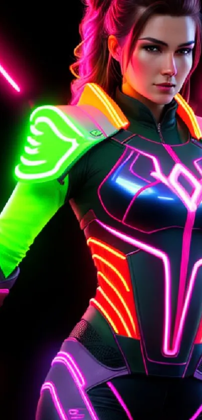 Futuristic neon warrior in glowing armor, vibrant mobile wallpaper.