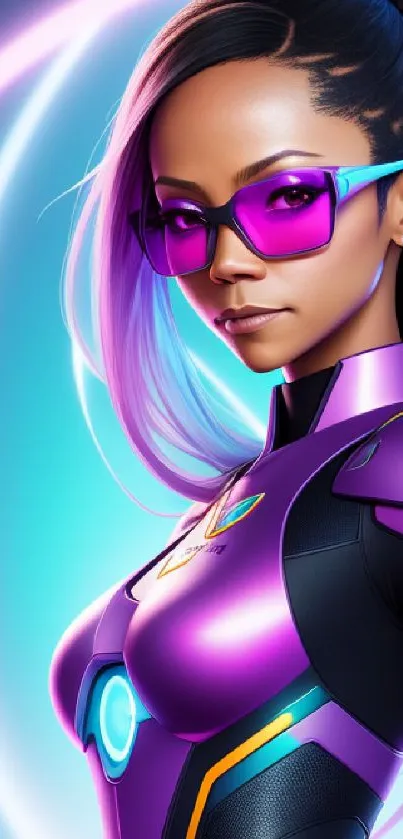 Futuristic neon warrior in purple outfit with glowing accents.