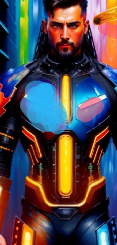 Futuristic warrior in neon armor, colorful and dynamic design.