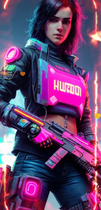 Neon-lit futuristic warrior in cyberpunk cityscape.