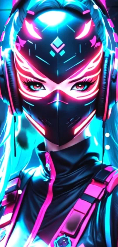 Futuristic neon masked character with vibrant colors.