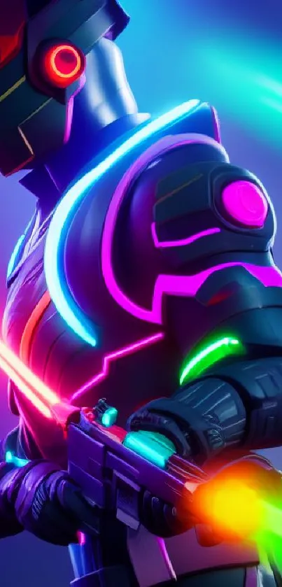 Futuristic neon warrior with glowing elements and vibrant colors on a blue background.