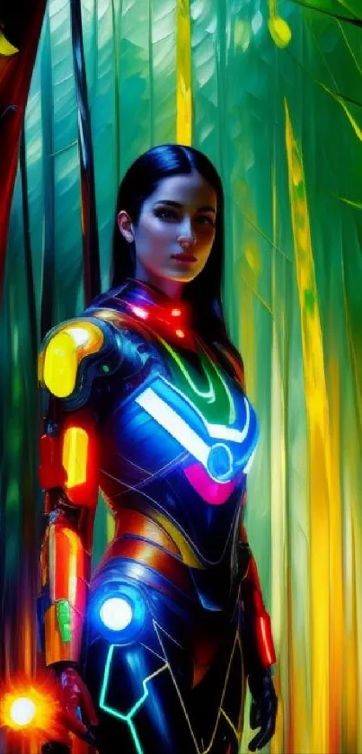 Futuristic neon warrior in glowing armor within a vibrant forest.