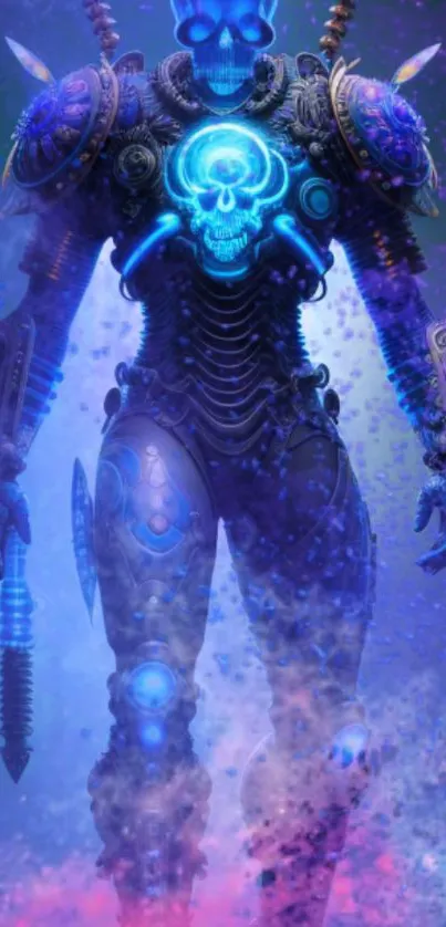 Futuristic neon warrior with blue glowing armor and sci-fi design.