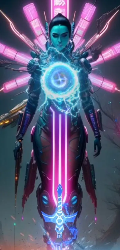 Futuristic warrior with neon elements and vibrant colors in a digital artwork.