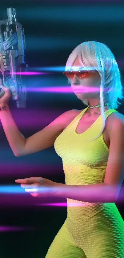 A futuristic character holds a sci-fi weapon in neon lighting.