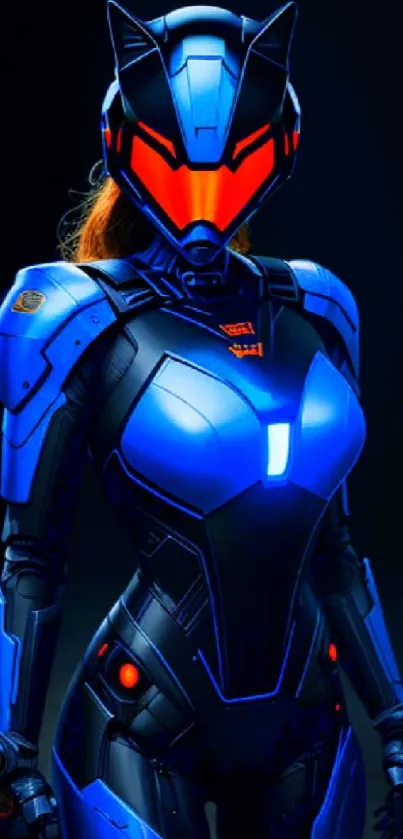 Futuristic neon warrior in blue armor on dark background with vibrant colors.