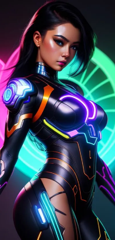 Futuristic warrior with neon pink and green glow.