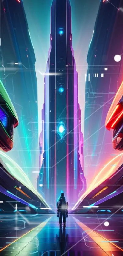Futuristic wallpaper with a neon-lit warrior in a sci-fi setting.