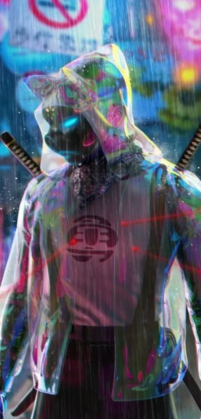 Futuristic neon warrior in rain with swords, vibrant city lights.