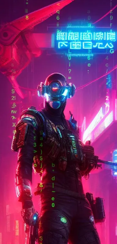 Neon-clad warrior in cyberpunk cityscape.