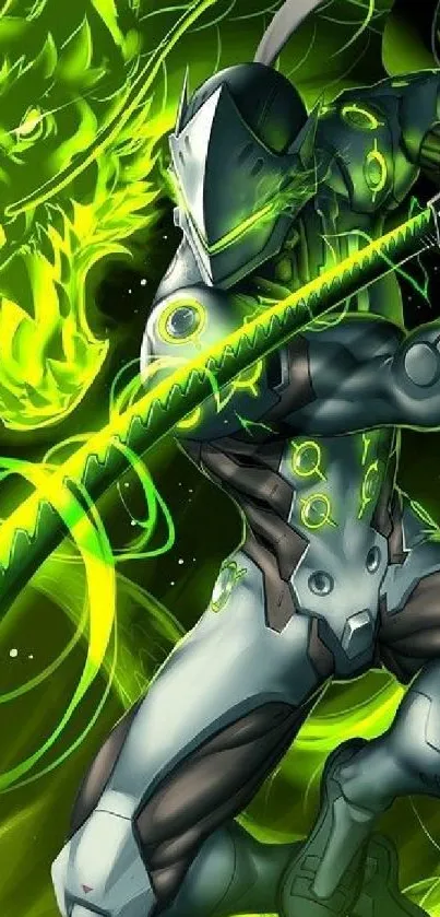 Futuristic warrior with neon green sword.