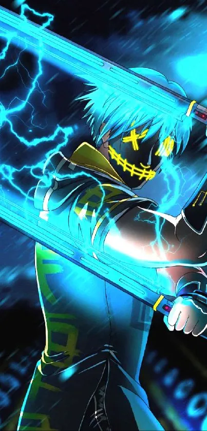 Futuristic neon warrior with electric swords and blue lightning.