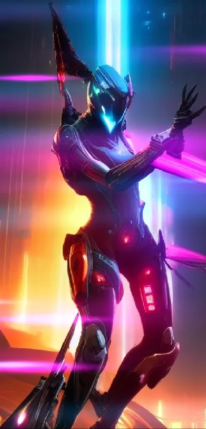 Futuristic warrior with neon light background.