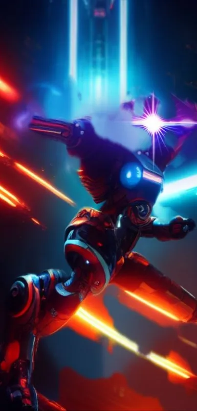 Futuristic warrior with neon lights in dynamic scene.