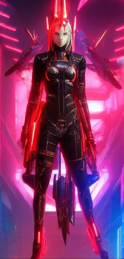 Futuristic neon warrior with pink hues, cyberpunk theme.