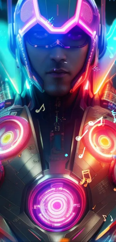 Futuristic neon warrior with vibrant armor and music notes in vivid colors.