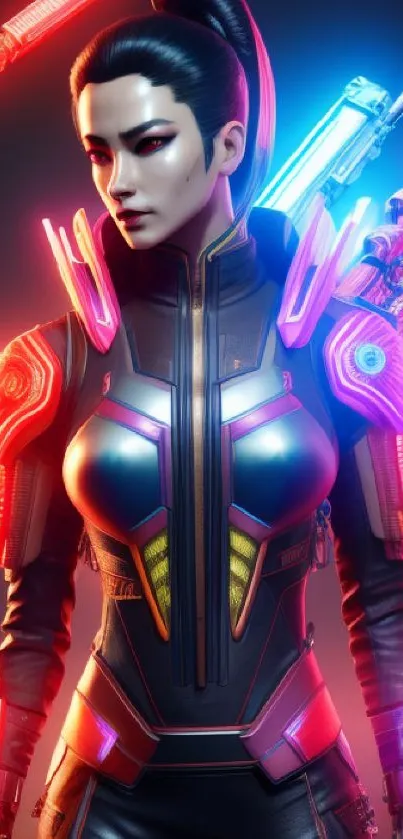 Futuristic neon warrior in cyberpunk armor with vibrant lights.