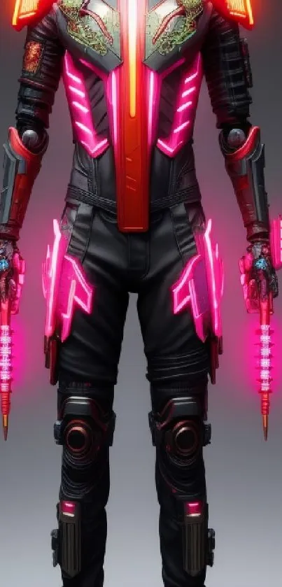 Futuristic neon warrior with tech armor and glowing weapons on mobile wallpaper.