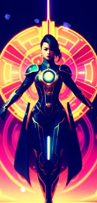 Futuristic neon warrior standing boldly, vibrant digital art design.