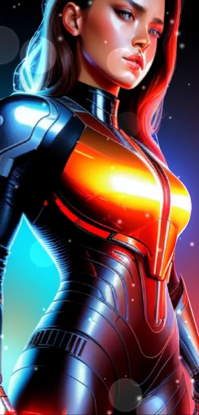 Futuristic female warrior with neon glow in cybernetic armor.