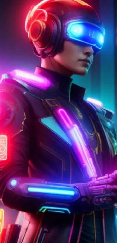 Futuristic neon warrior in vibrant cyberpunk colors.