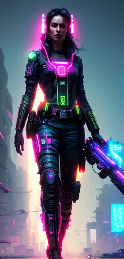 Futuristic neon cyberpunk warrior in colorful cityscape.