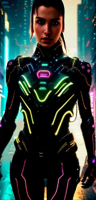 Futuristic neon warrior in vibrant cityscape.