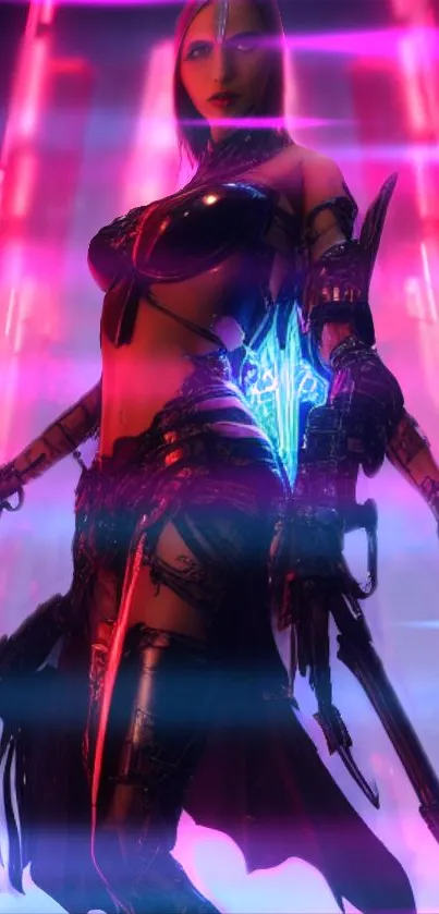 Futuristic warrior with neon lights in a vibrant sci-fi setting.