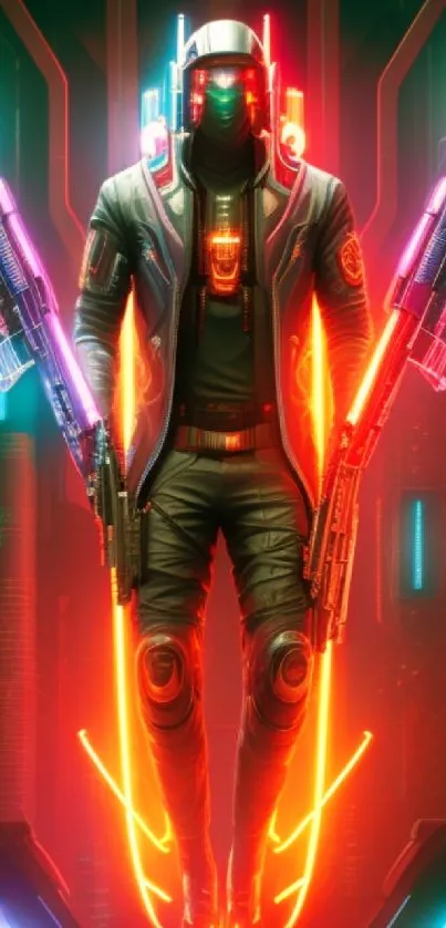 Futuristic neon warrior in vibrant colors and cyberpunk style, perfect for mobile.